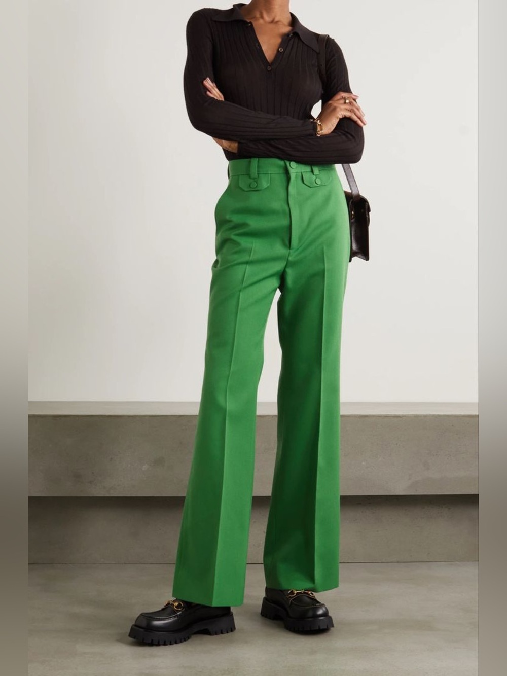Gucci Bamboo Green Wool Twill Flared Pants 42 M
